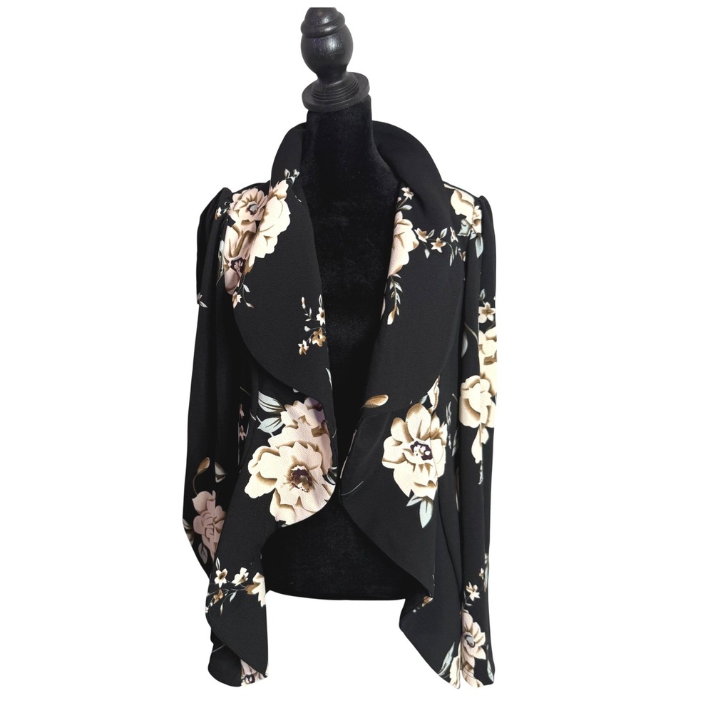 Black‎ Floral Waterfall Blazer Jacket Size 1X Open Front Drape Dark Romance